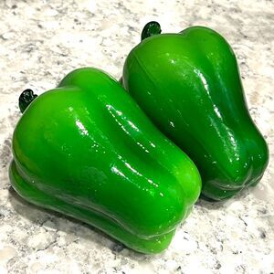 2 Murano Style Blown Glass Bell Pepper Green Art Paperweight Vintage Decor